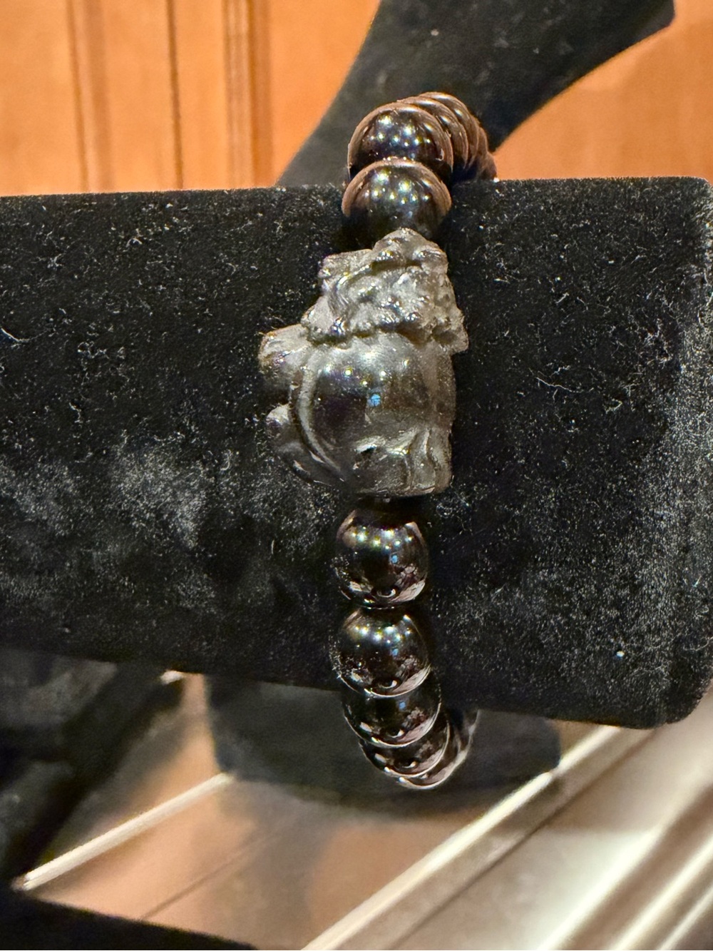 Women's Black Obsidian Beaded Stretch Bracelet with Carved Pixiu
